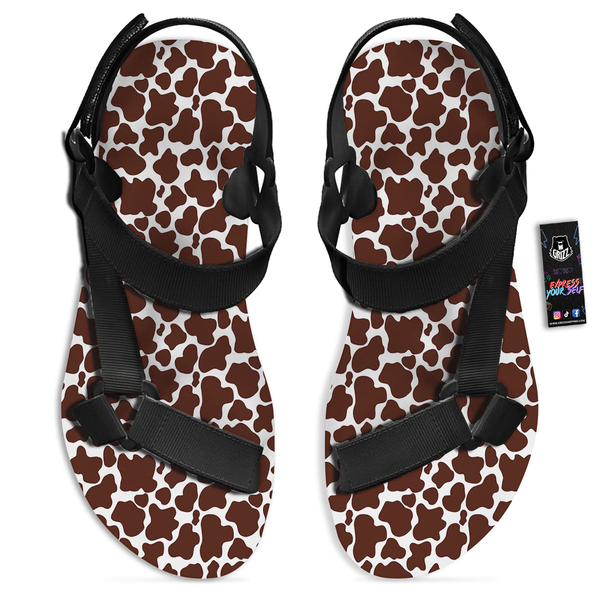 Cow White And Brown Print Pattern Black Open Toe Sandals-grizzshop