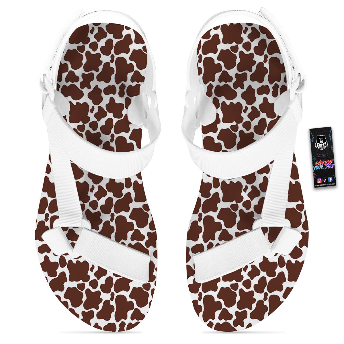 Cow White And Brown Print Pattern White Open Toe Sandals-grizzshop