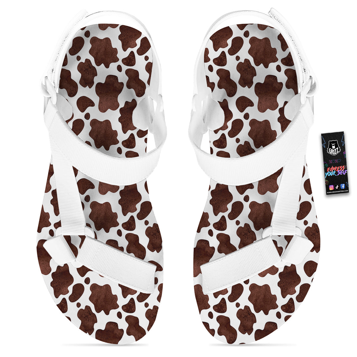 Cow White And Brown Print White Open Toe Sandals-grizzshop