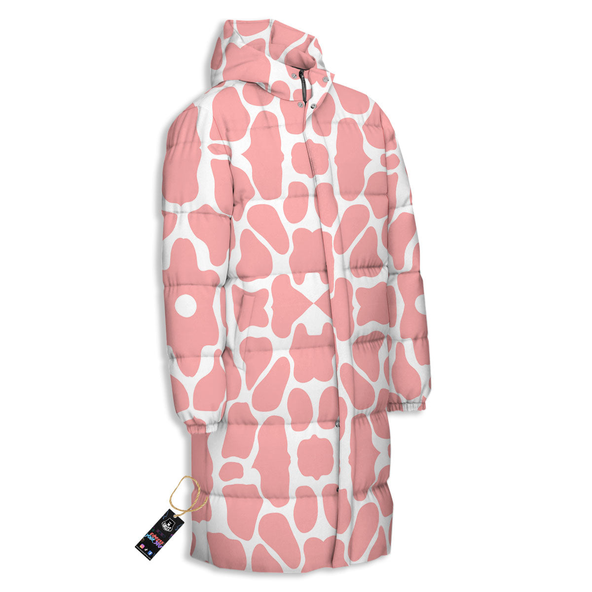 Cow White And Pink Print Long Down Jacket-grizzshop