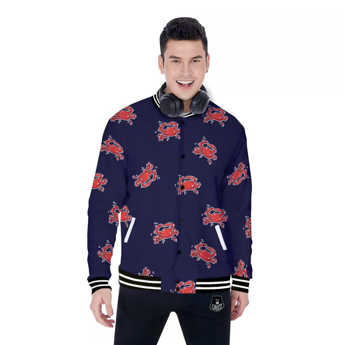 Crab Red Print Pattern Baseball Jacket-grizzshop