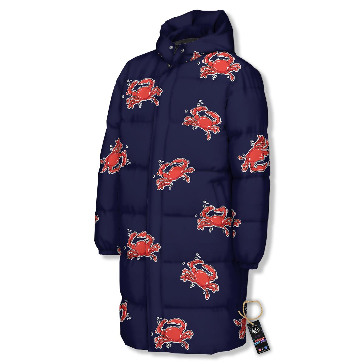 Crab Red Print Pattern Long Down Jacket-grizzshop