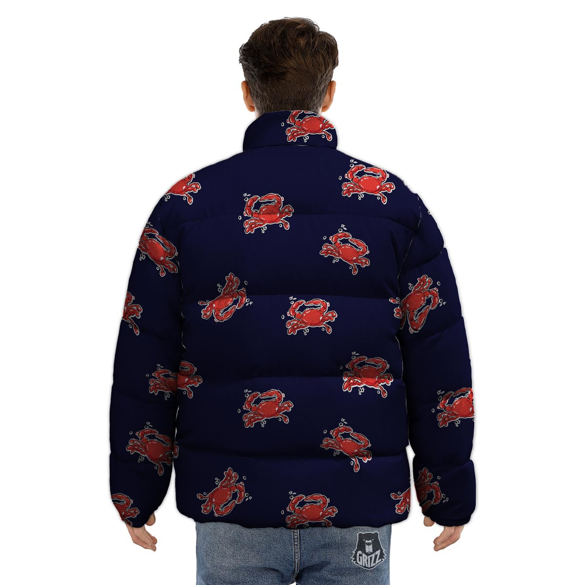 Crab Red Print Pattern Puffer Jacket-grizzshop