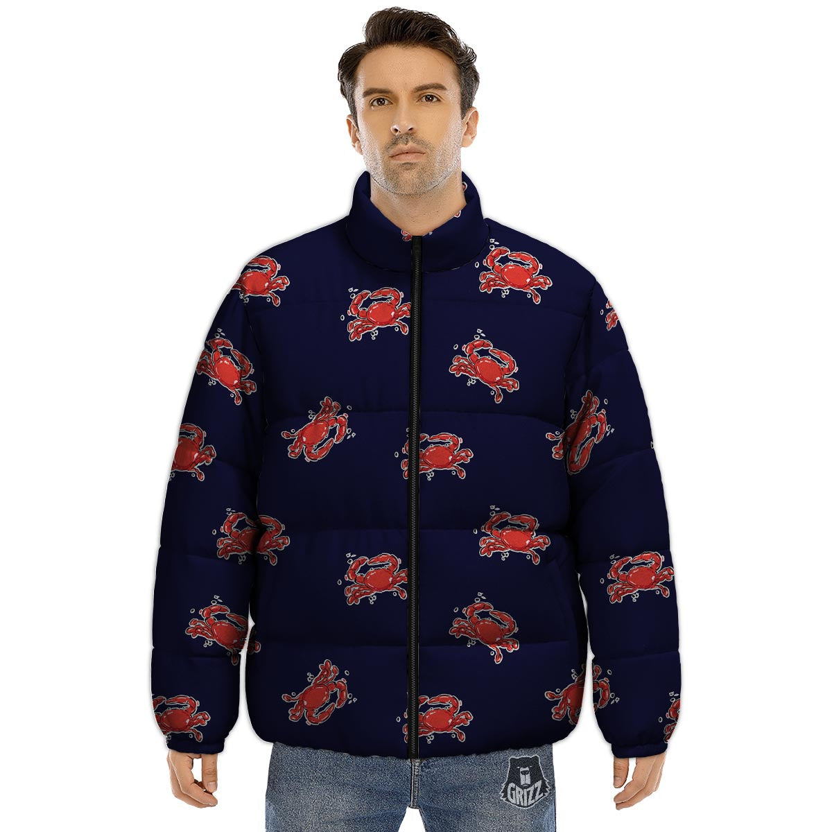 Crab Red Print Pattern Puffer Jacket-grizzshop