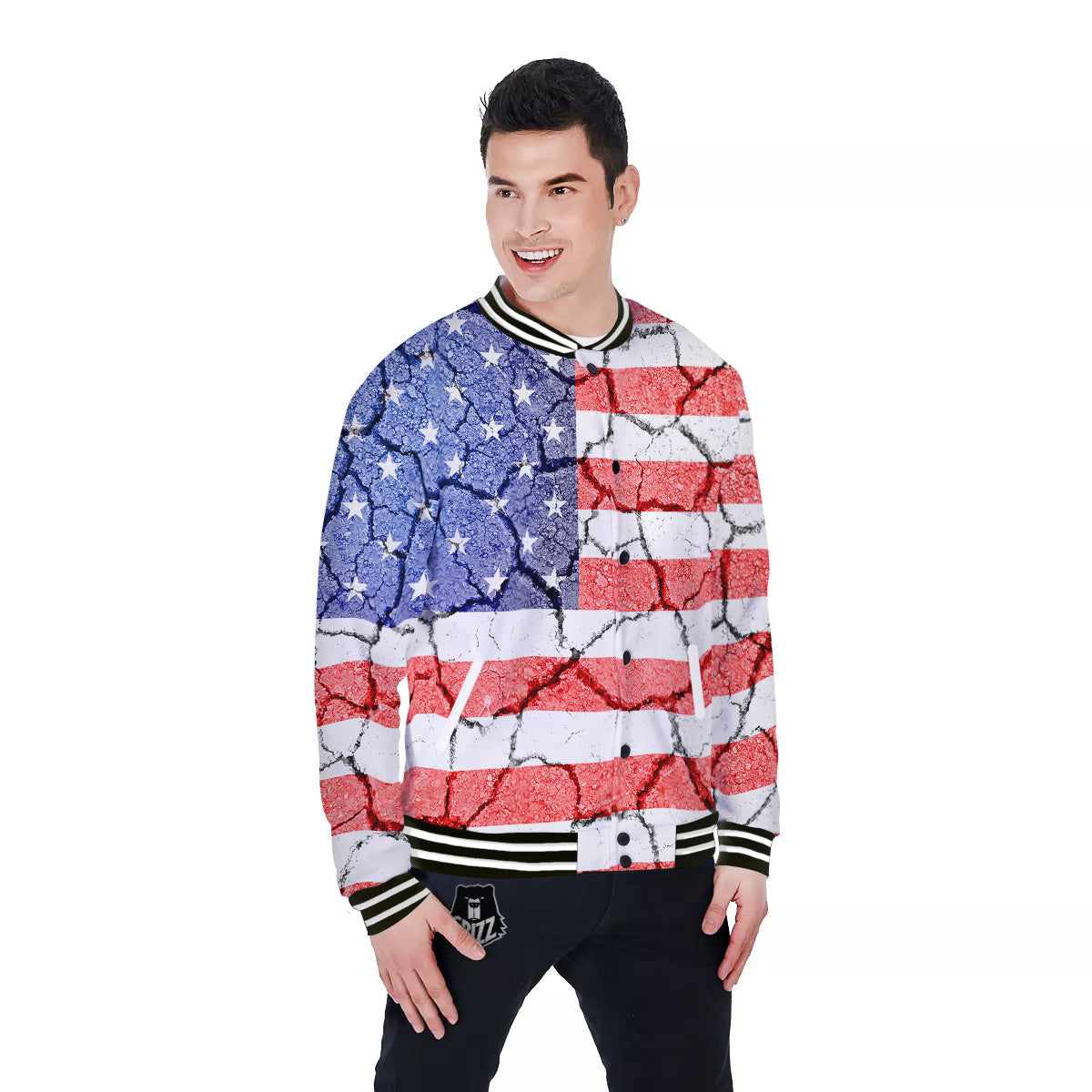 Cracked Flag American Print Baseball Jacket-grizzshop