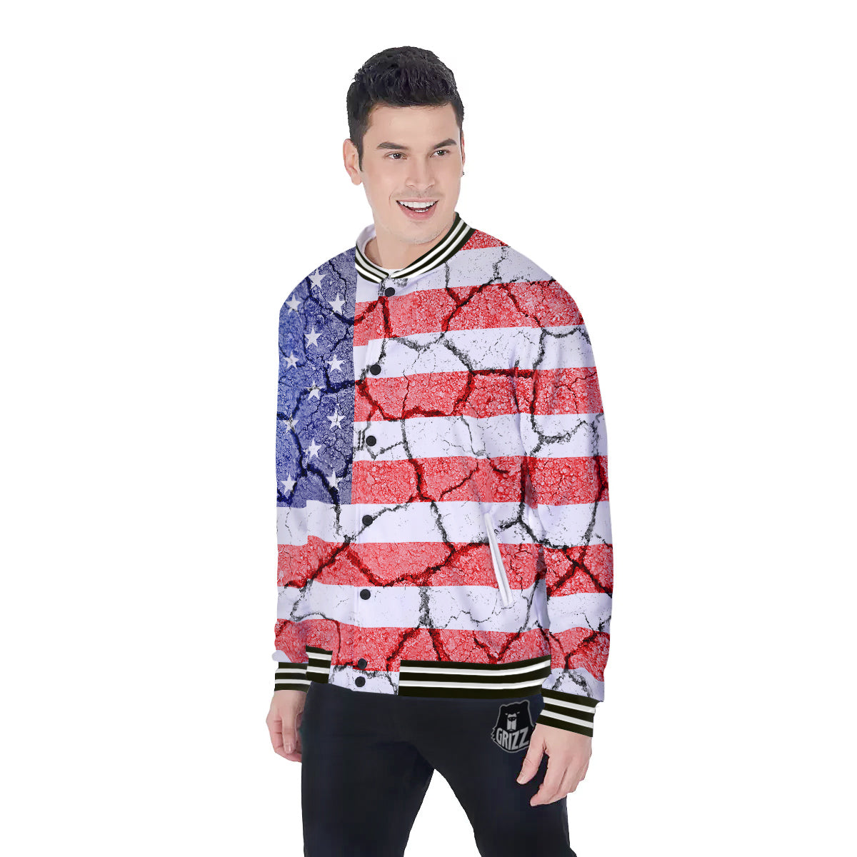 Cracked Flag American Print Baseball Jacket-grizzshop