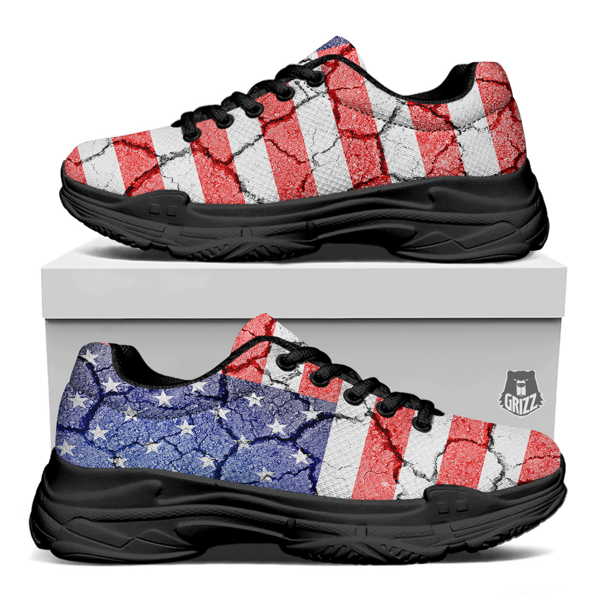 Cracked Flag American Print Black Chunky Shoes-grizzshop