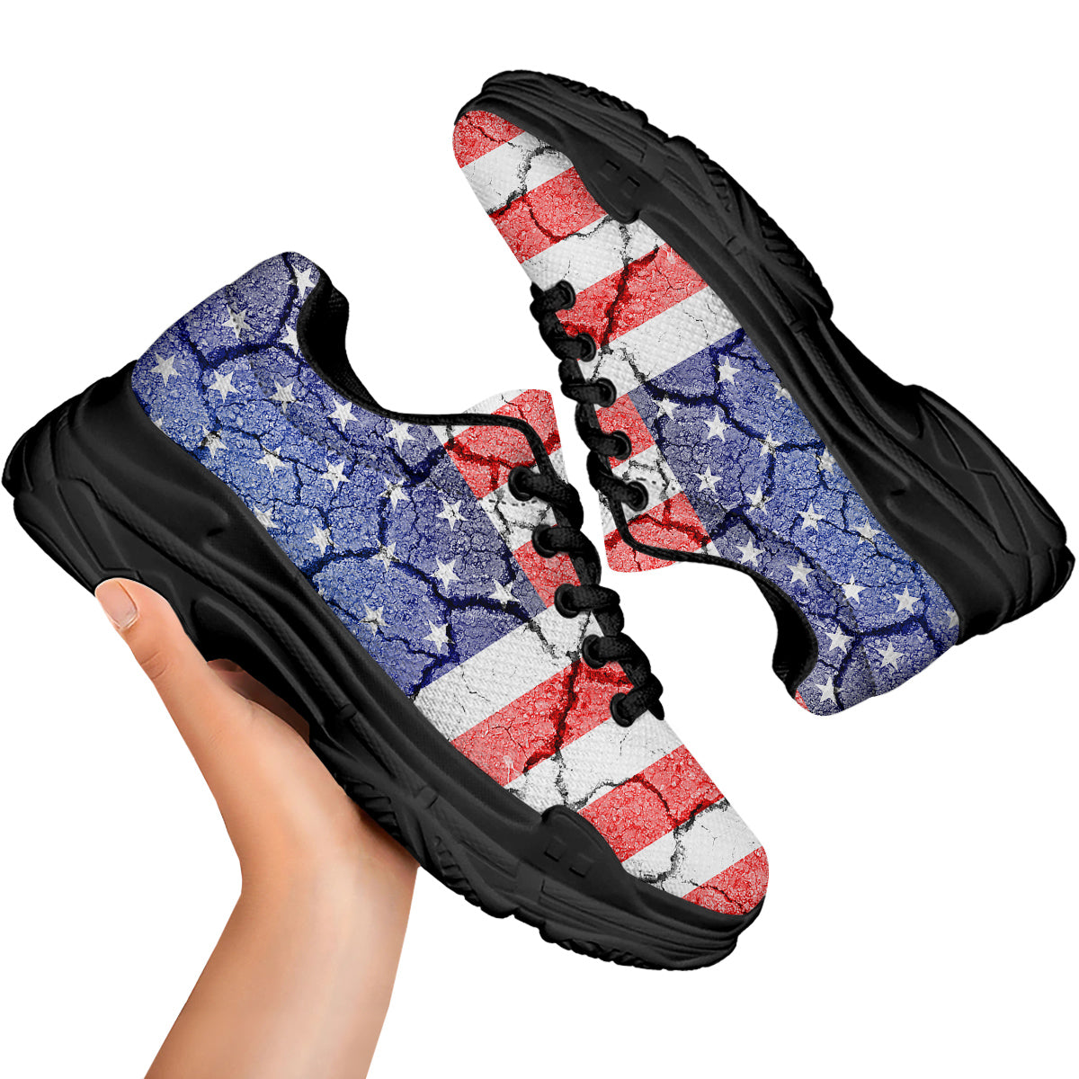 Cracked Flag American Print Black Chunky Shoes-grizzshop
