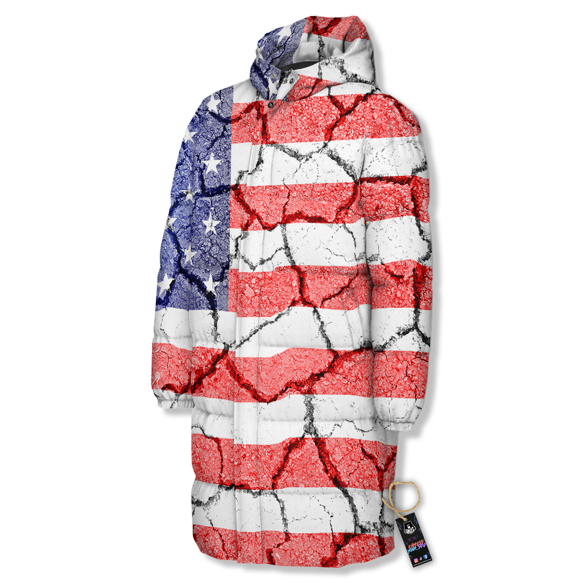 Cracked Flag American Print Long Down Jacket-grizzshop