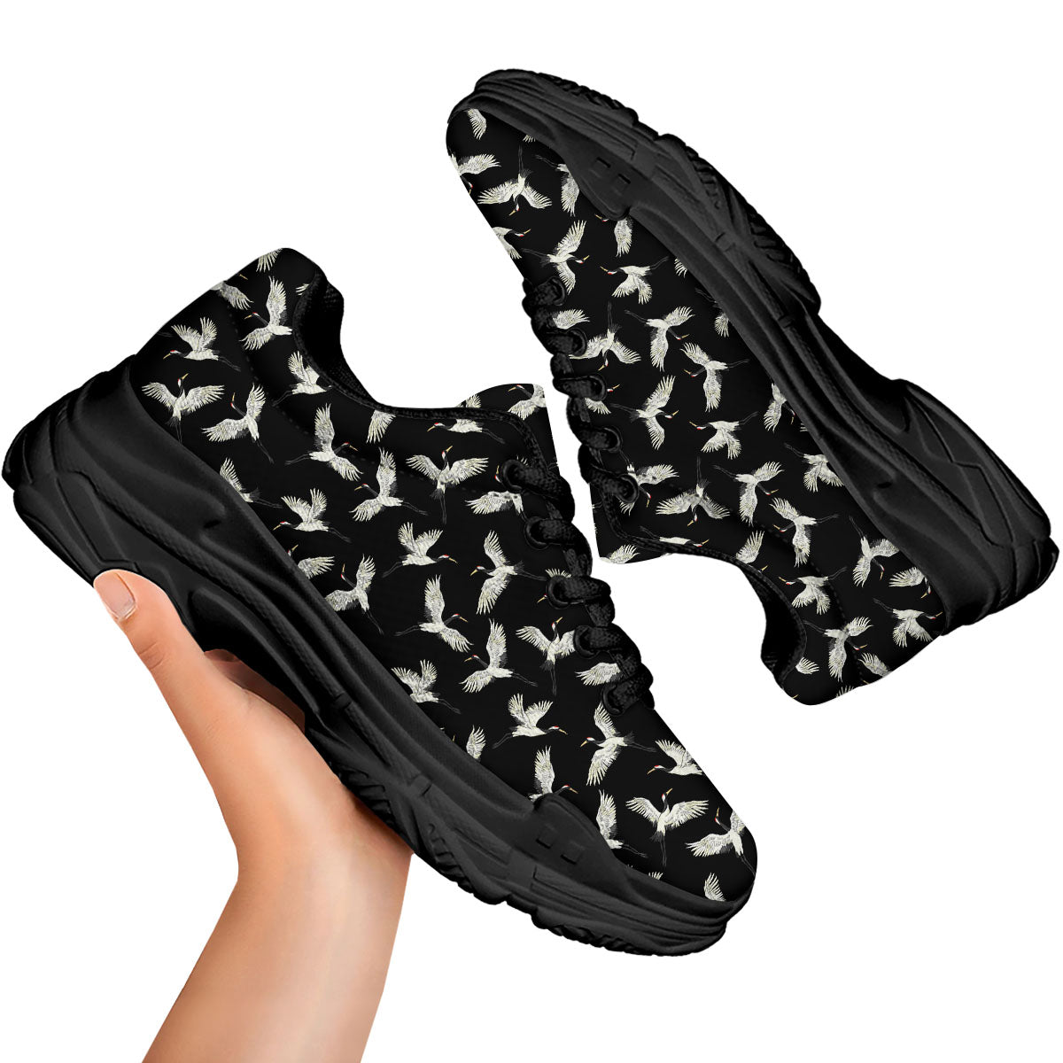 Crane Bird Flying Print Pattern Black Chunky Shoes-grizzshop