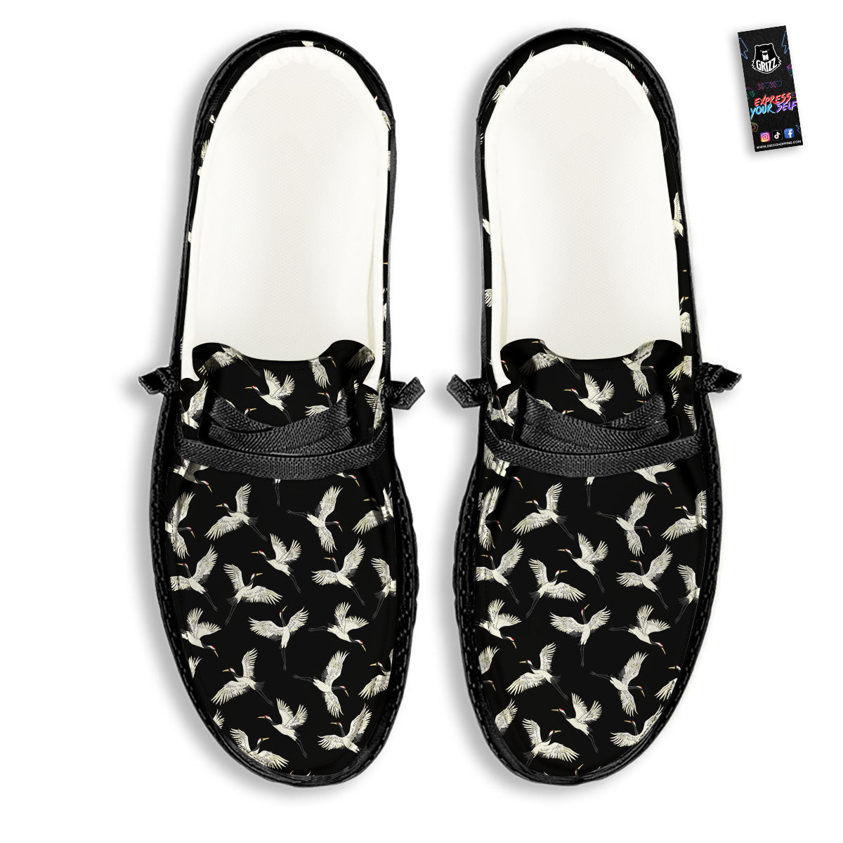 Crane Bird Flying Print Pattern Black Loafers-grizzshop
