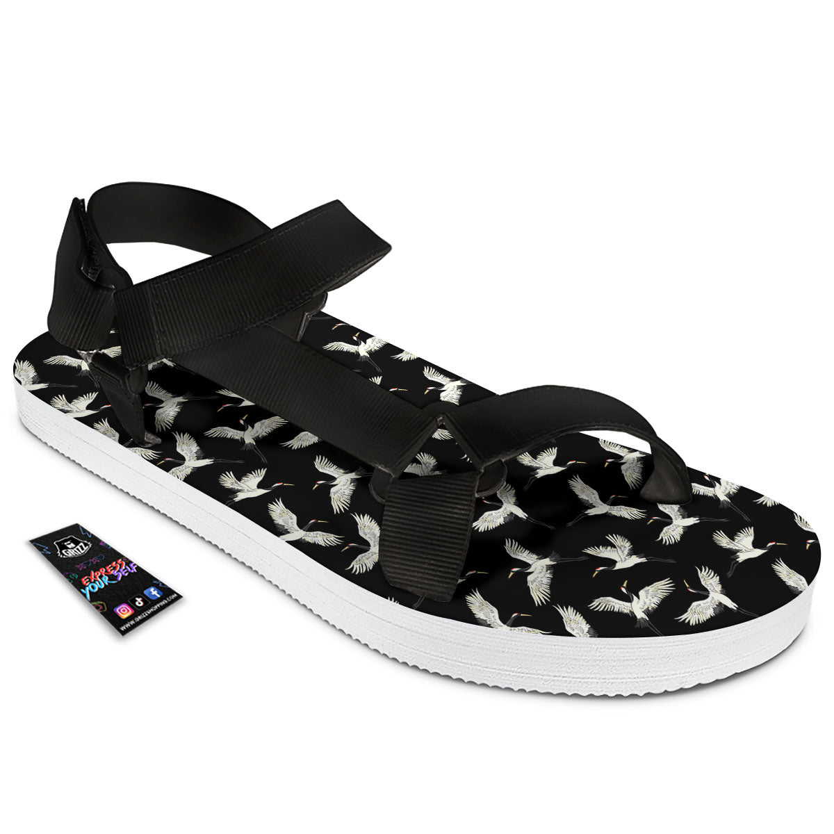 Crane Bird Flying Print Pattern Black Open Toe Sandals-grizzshop