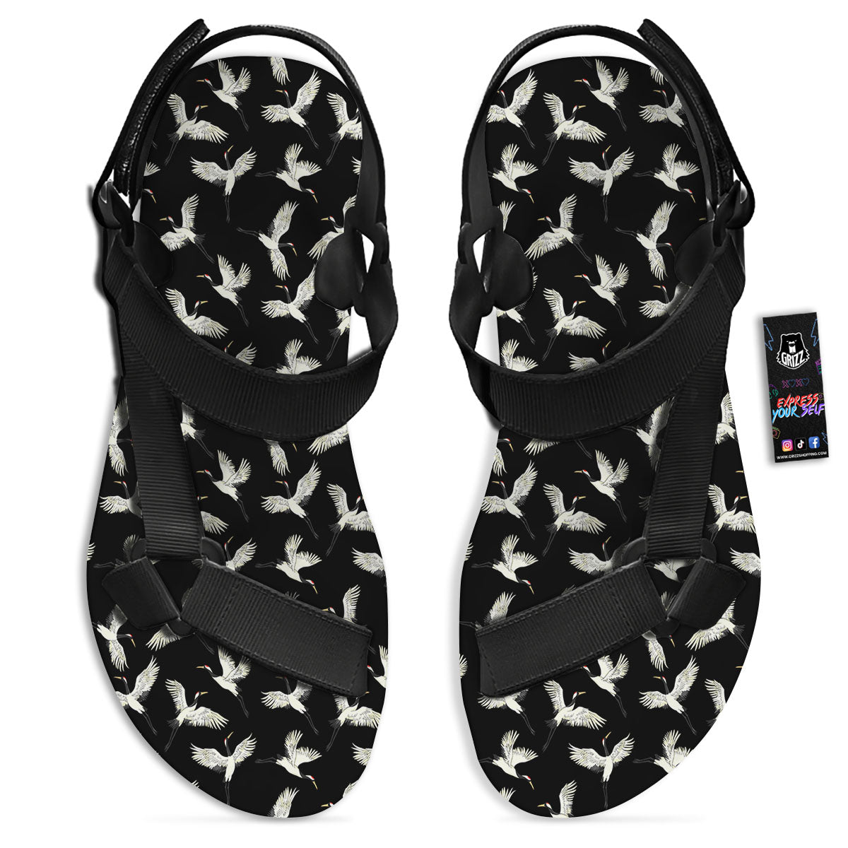 Crane Bird Flying Print Pattern Black Open Toe Sandals-grizzshop