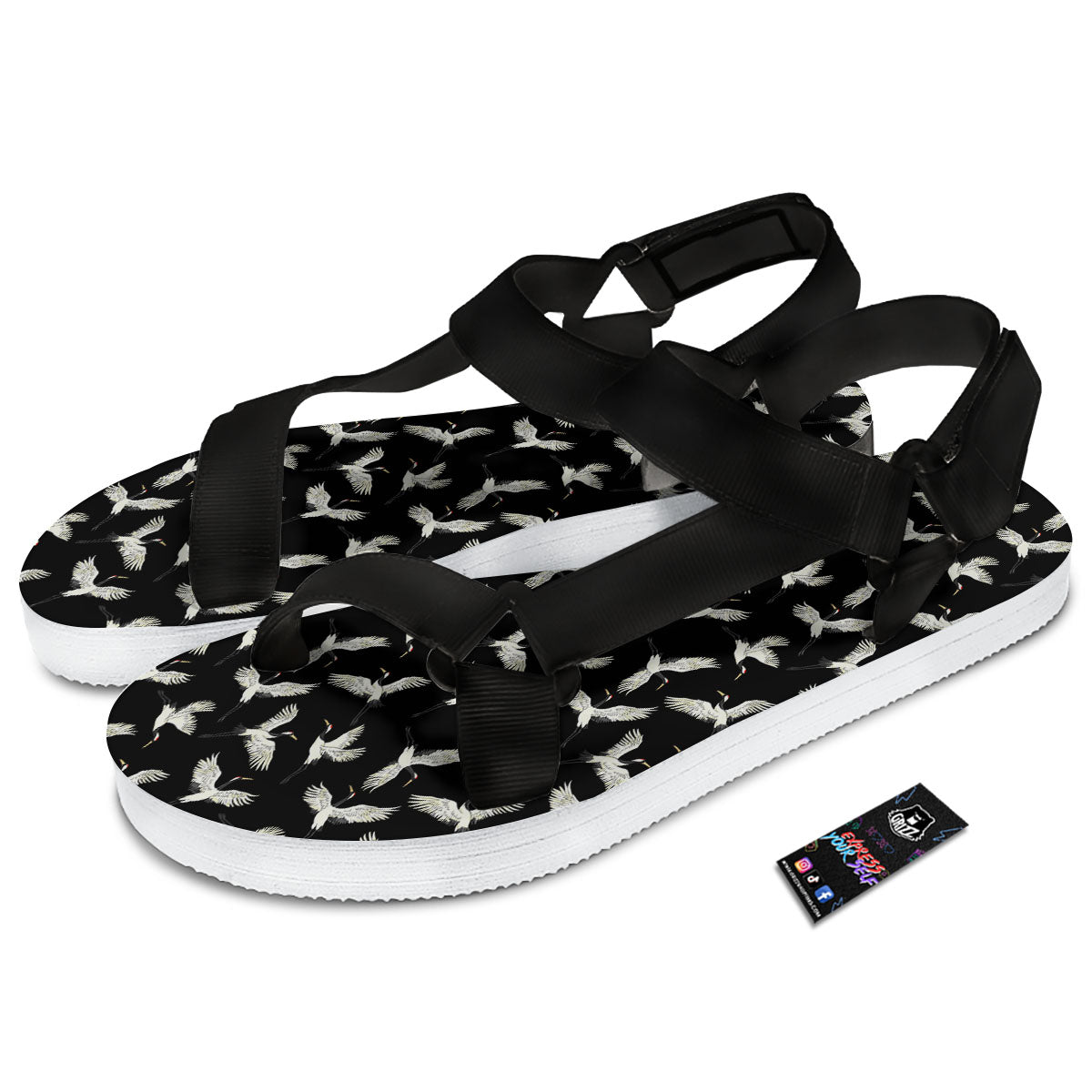Crane Bird Flying Print Pattern Black Open Toe Sandals-grizzshop