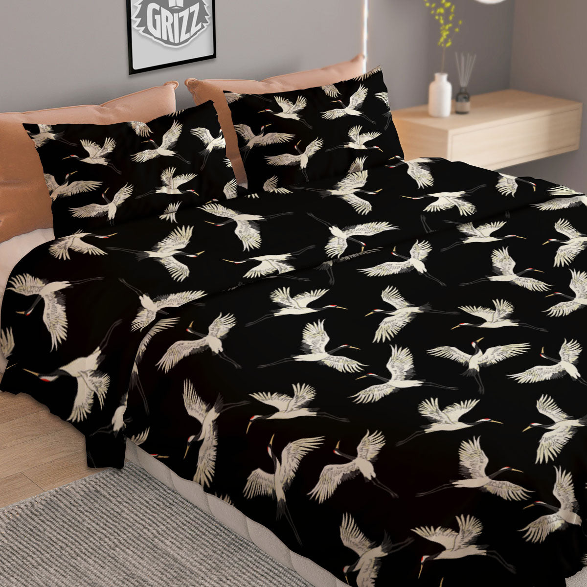 Crane Bird Flying Print Pattern Duvet Cover Bedding Set