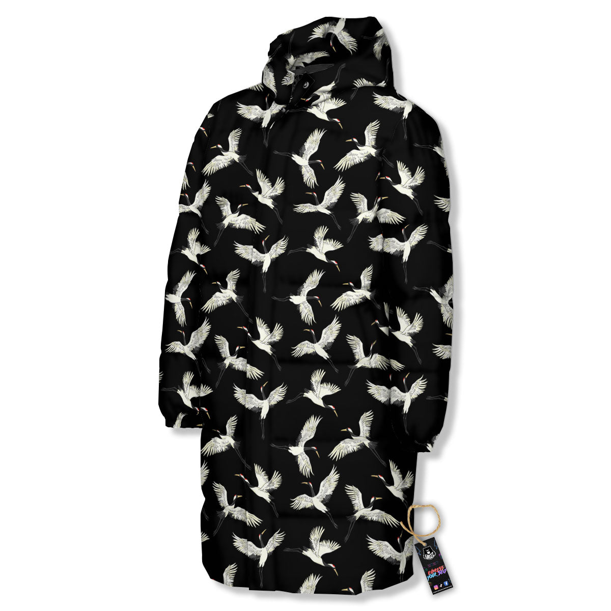 Crane Bird Flying Print Pattern Long Down Jacket-grizzshop