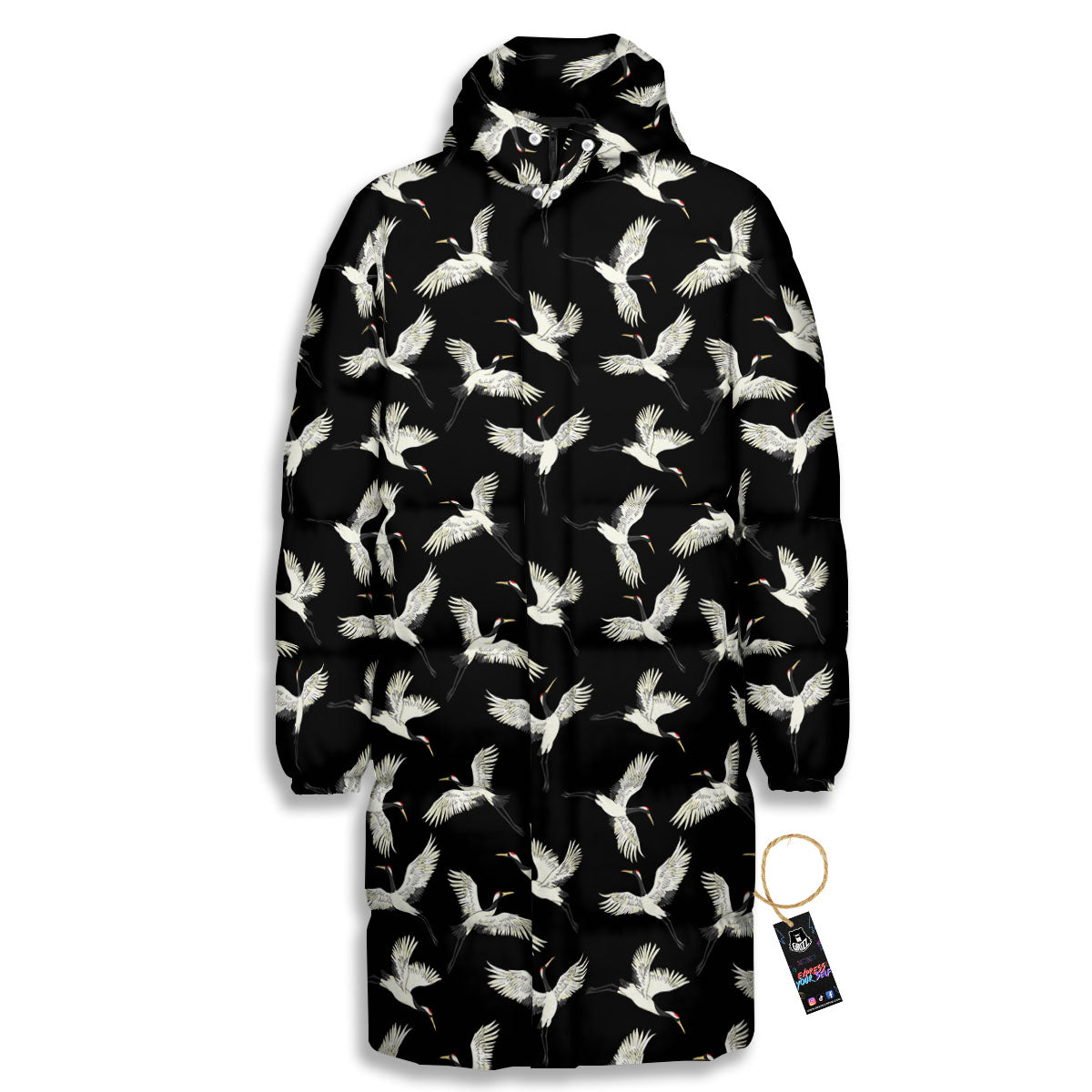 Crane Bird Flying Print Pattern Long Down Jacket-grizzshop