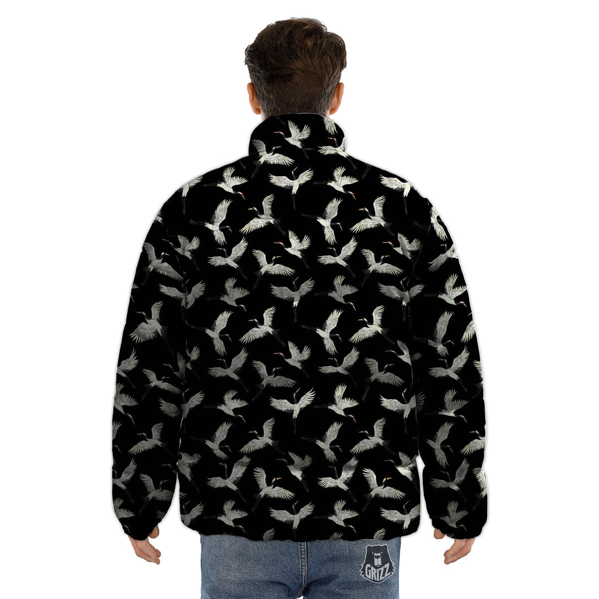 Crane Bird Flying Print Pattern Puffer Jacket-grizzshop
