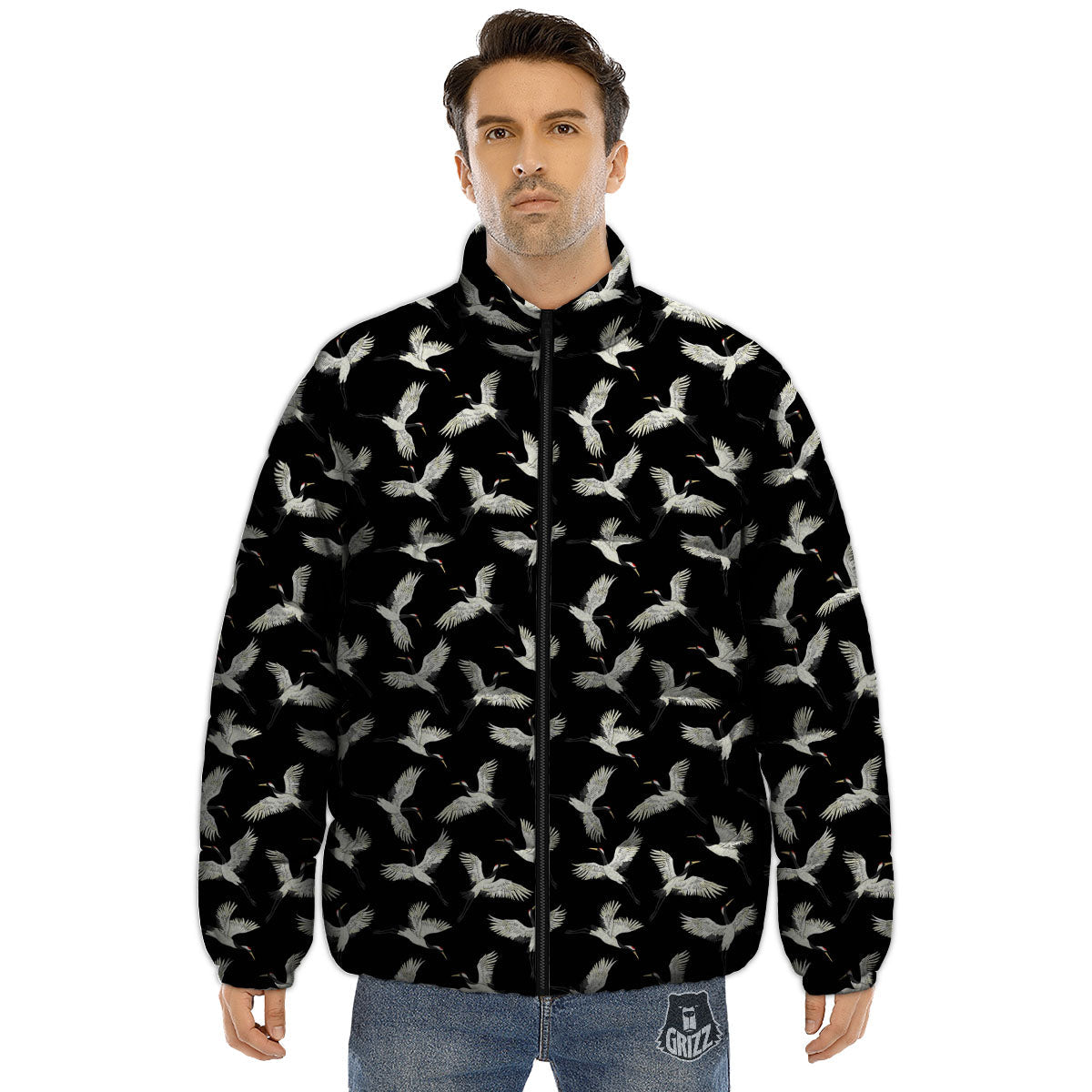 Crane Bird Flying Print Pattern Puffer Jacket-grizzshop
