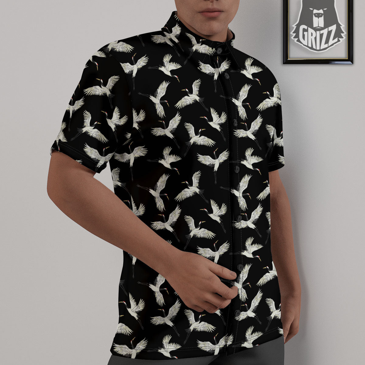 Crane Bird Flying Print Pattern Untucked Shirts-grizzshop