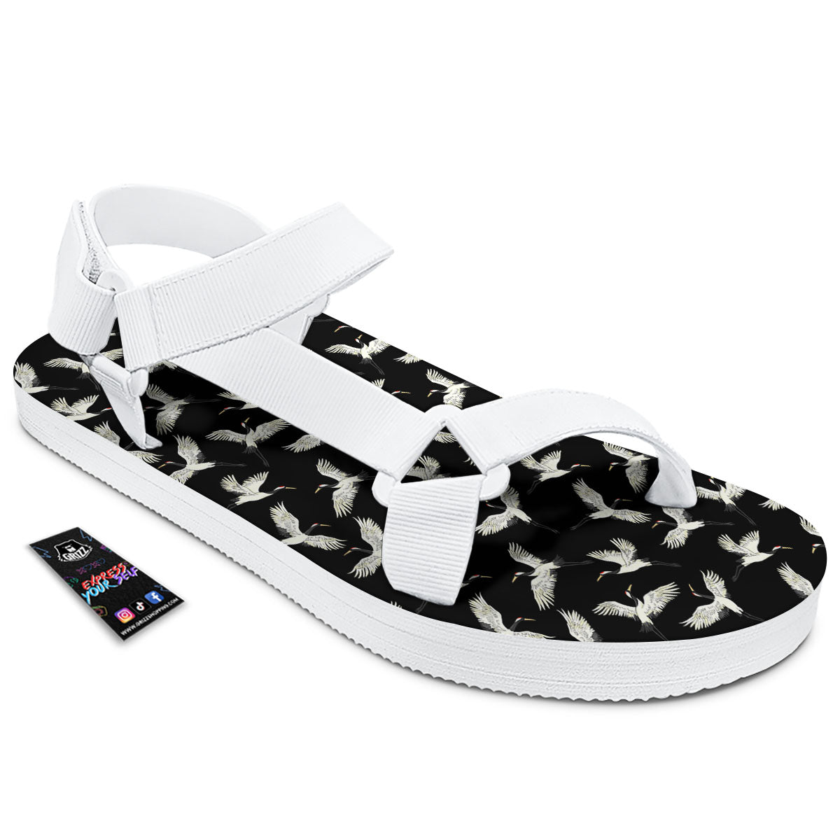 Crane Bird Flying Print Pattern White Open Toe Sandals-grizzshop