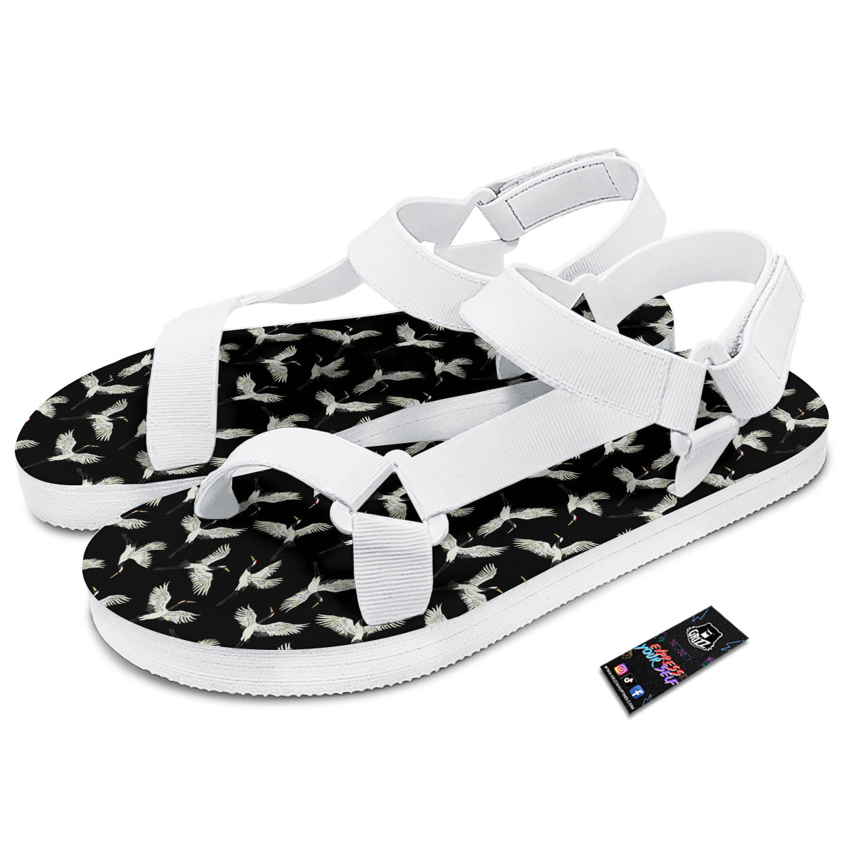 Crane Bird Flying Print Pattern White Open Toe Sandals-grizzshop