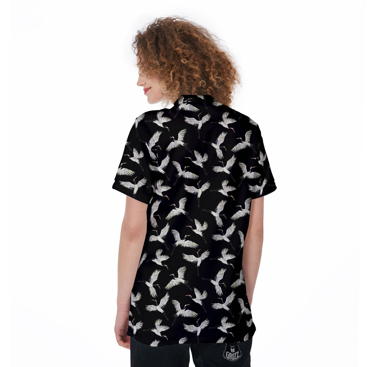 Crane Bird Flying Print Pattern Women's Golf Shirts-grizzshop