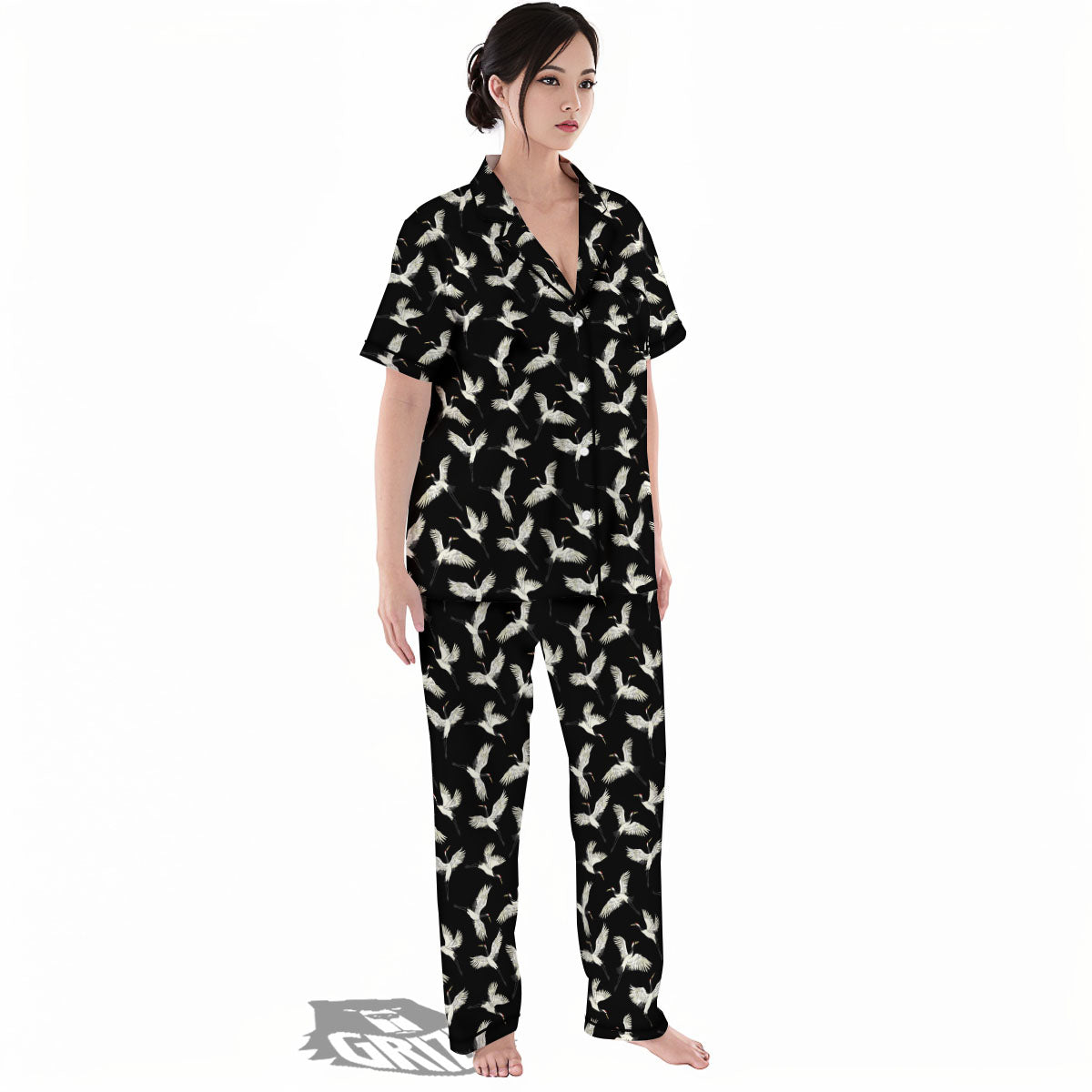 Crane Bird Flying Print Pattern Women's Pajamas Set-grizzshop