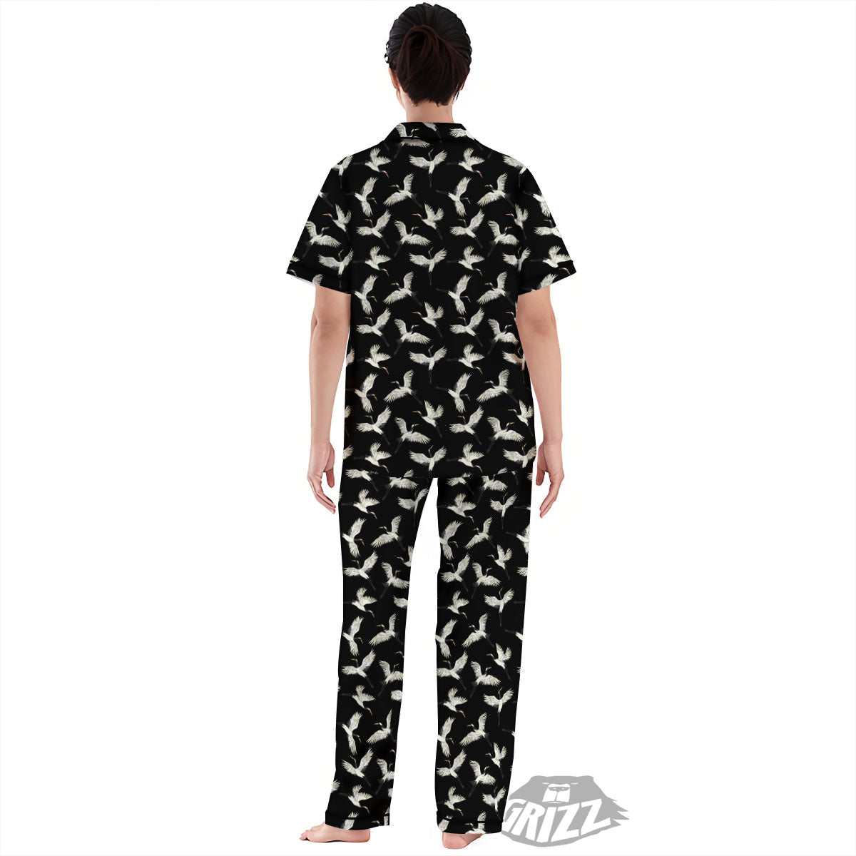 Crane Bird Flying Print Pattern Women's Pajamas Set-grizzshop