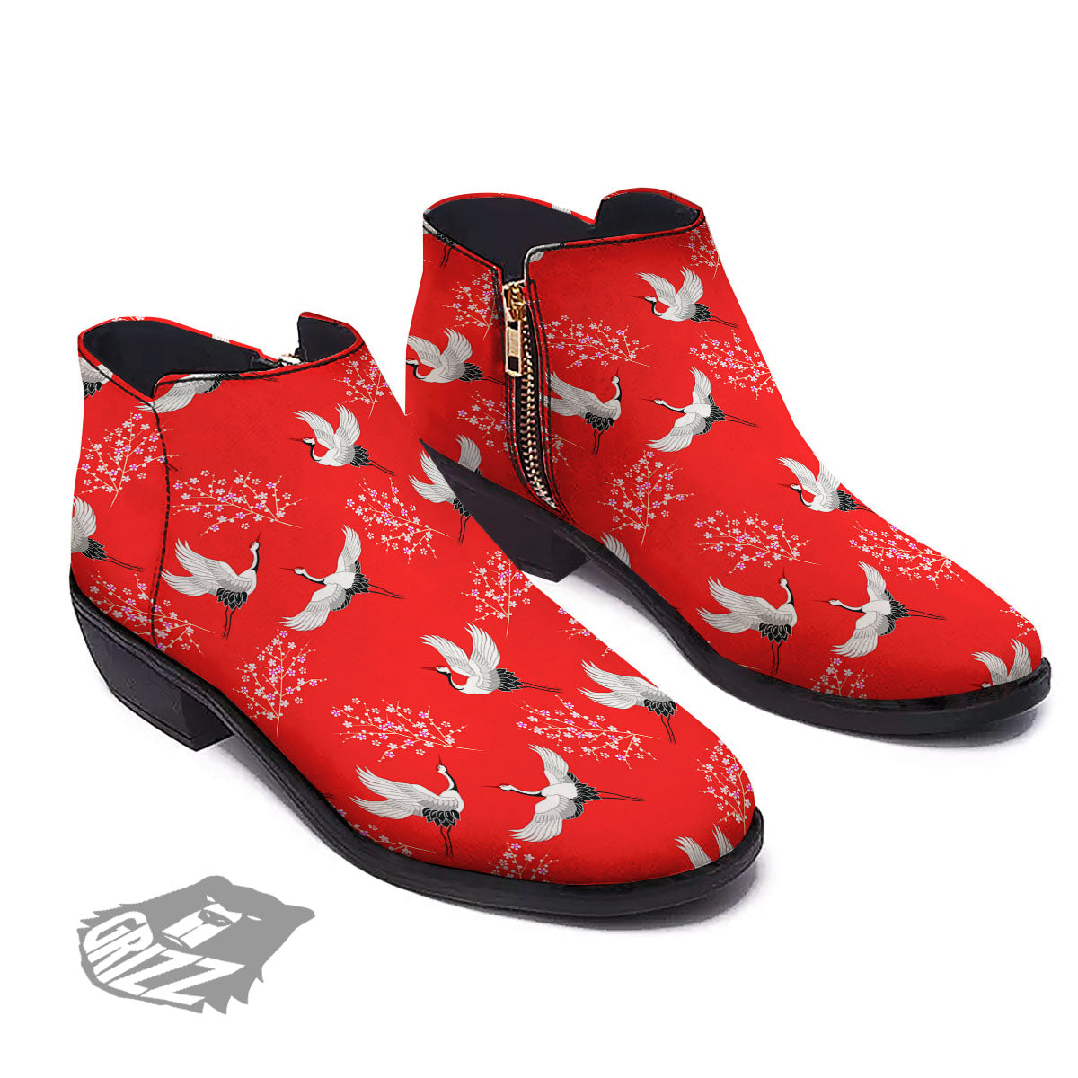 Crane Bird Japanese Print Pattern Ankle Boots-grizzshop