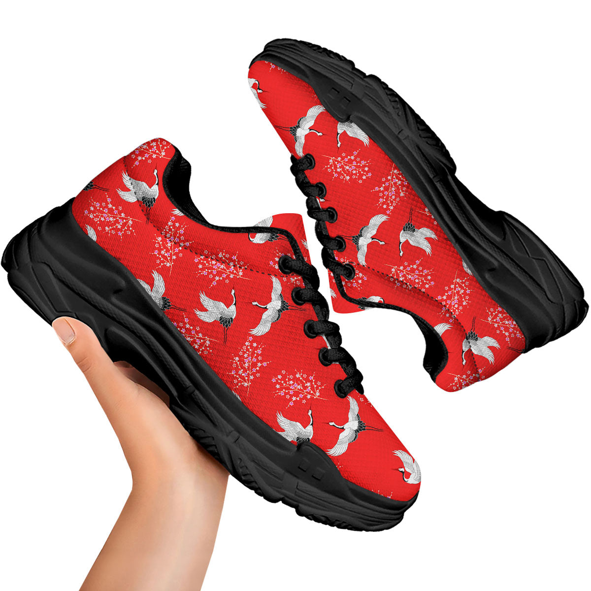 Crane Bird Japanese Print Pattern Black Chunky Shoes-grizzshop