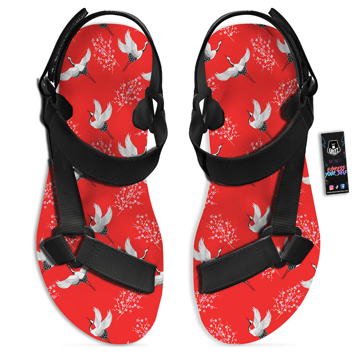 Crane Bird Japanese Print Pattern Black Open Toe Sandals-grizzshop