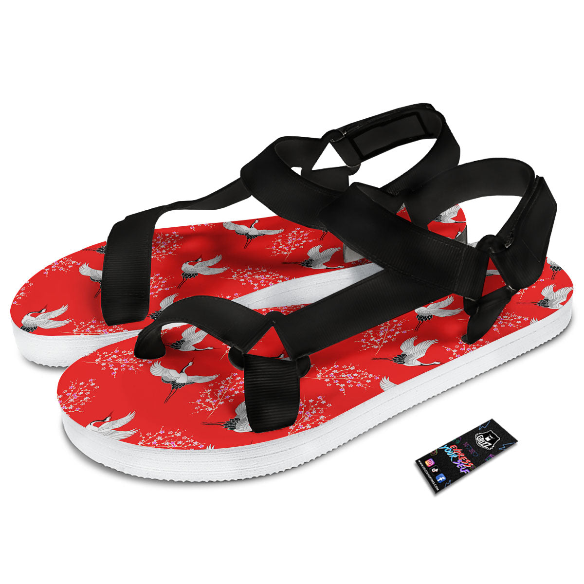 Crane Bird Japanese Print Pattern Black Open Toe Sandals-grizzshop