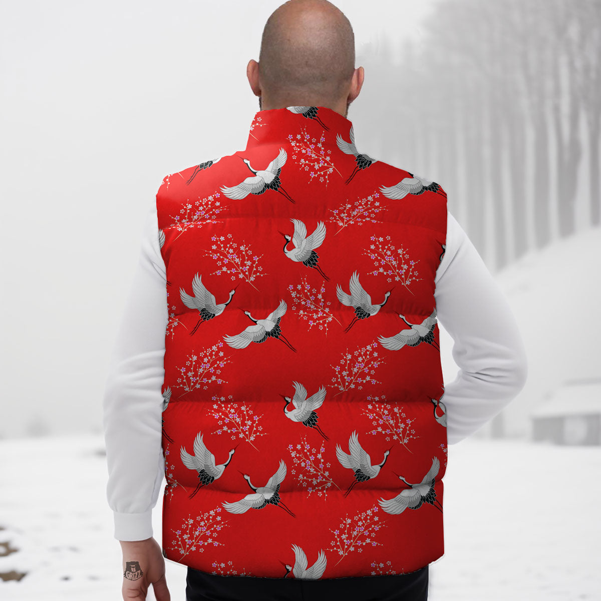 Crane Bird Japanese Print Pattern Down Vest