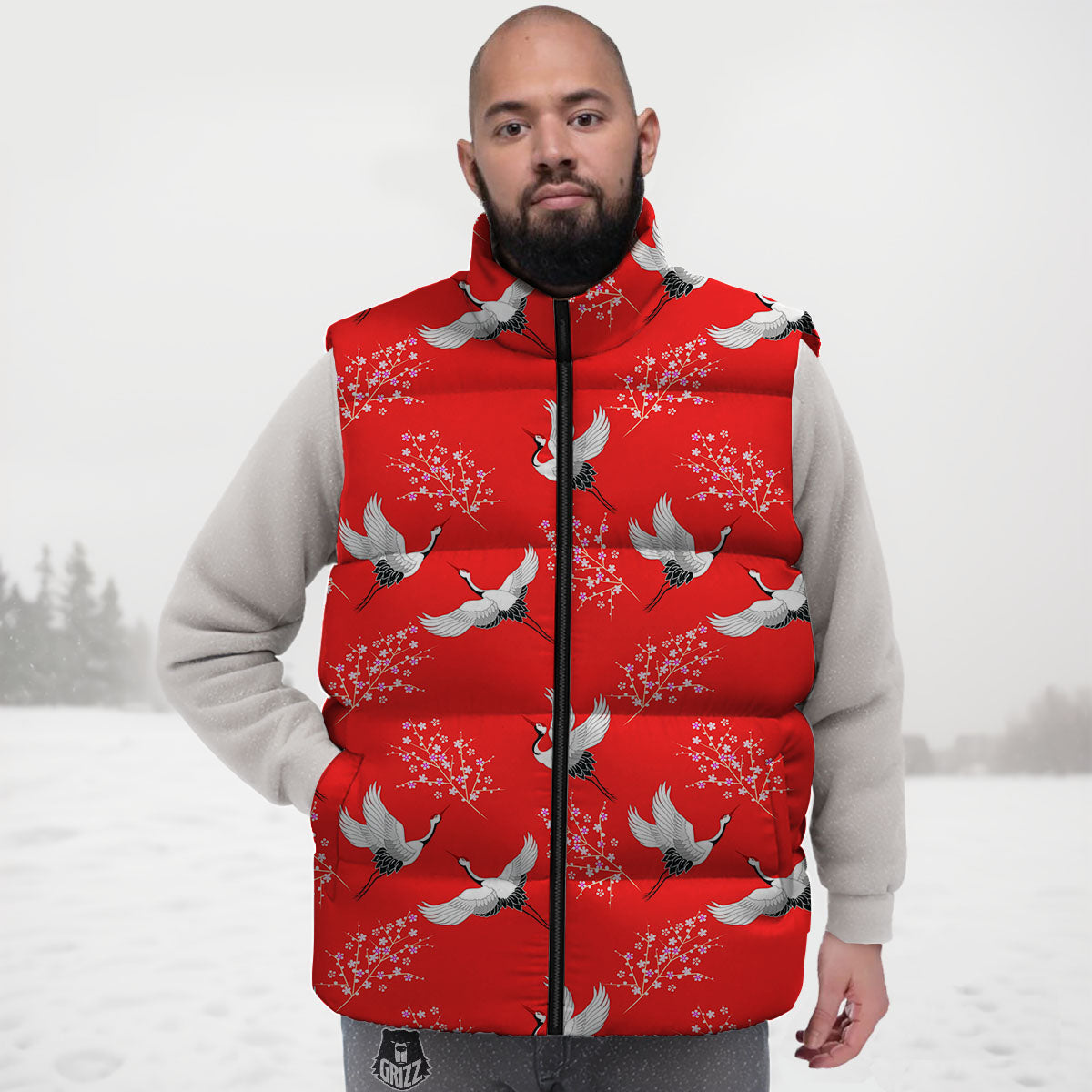 Crane Bird Japanese Print Pattern Down Vest