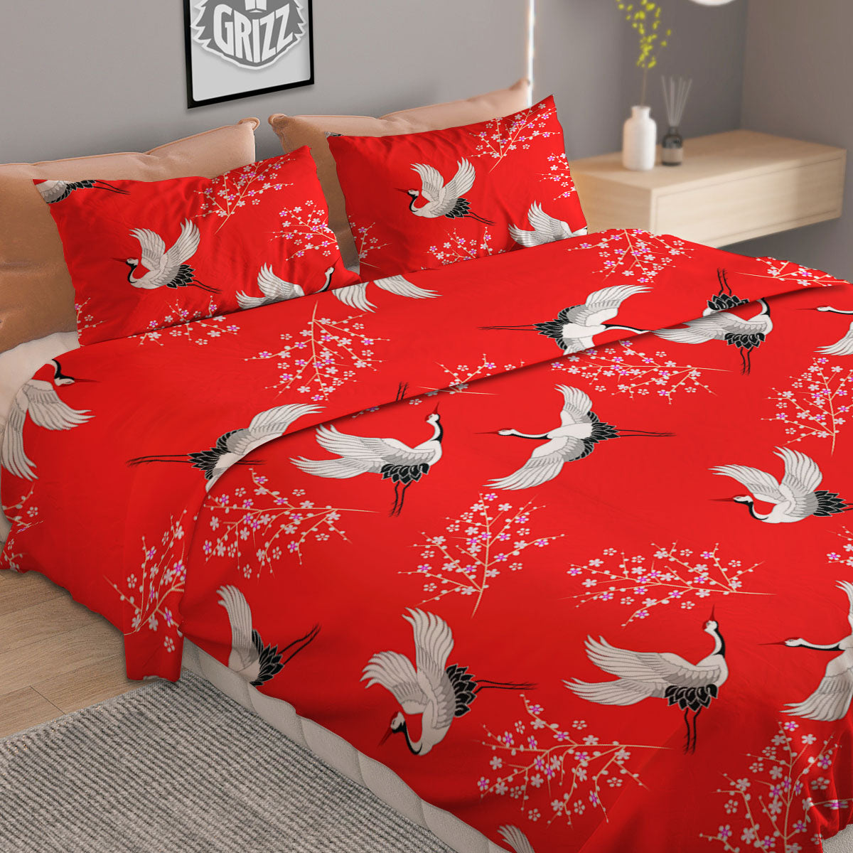 Crane Bird Japanese Print Pattern Duvet Cover Bedding Set