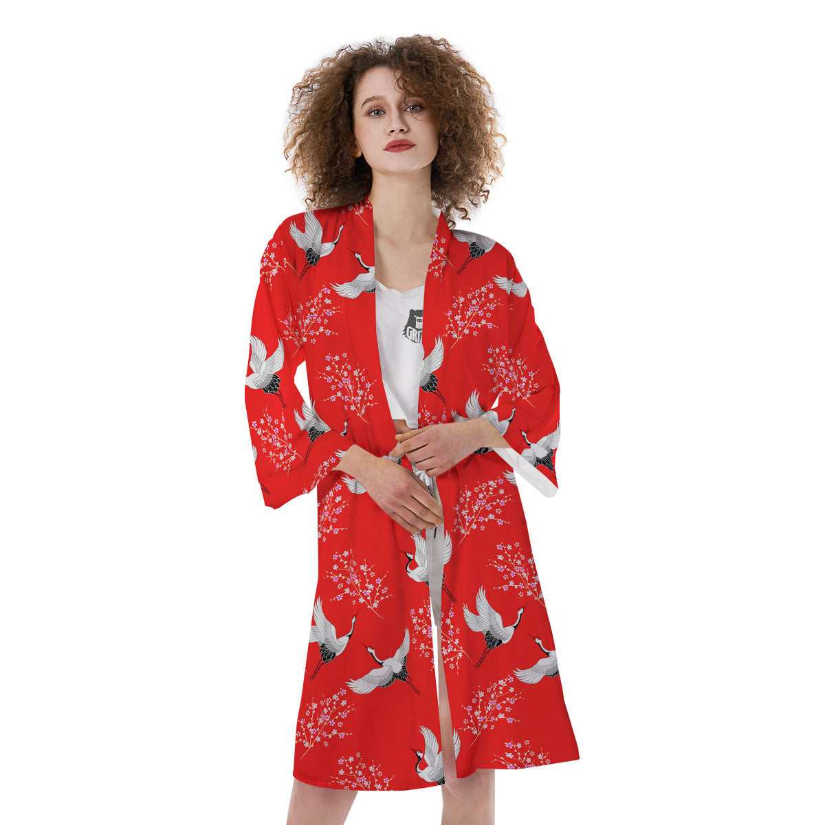 Crane Bird Japanese Print Pattern Kimono-grizzshop