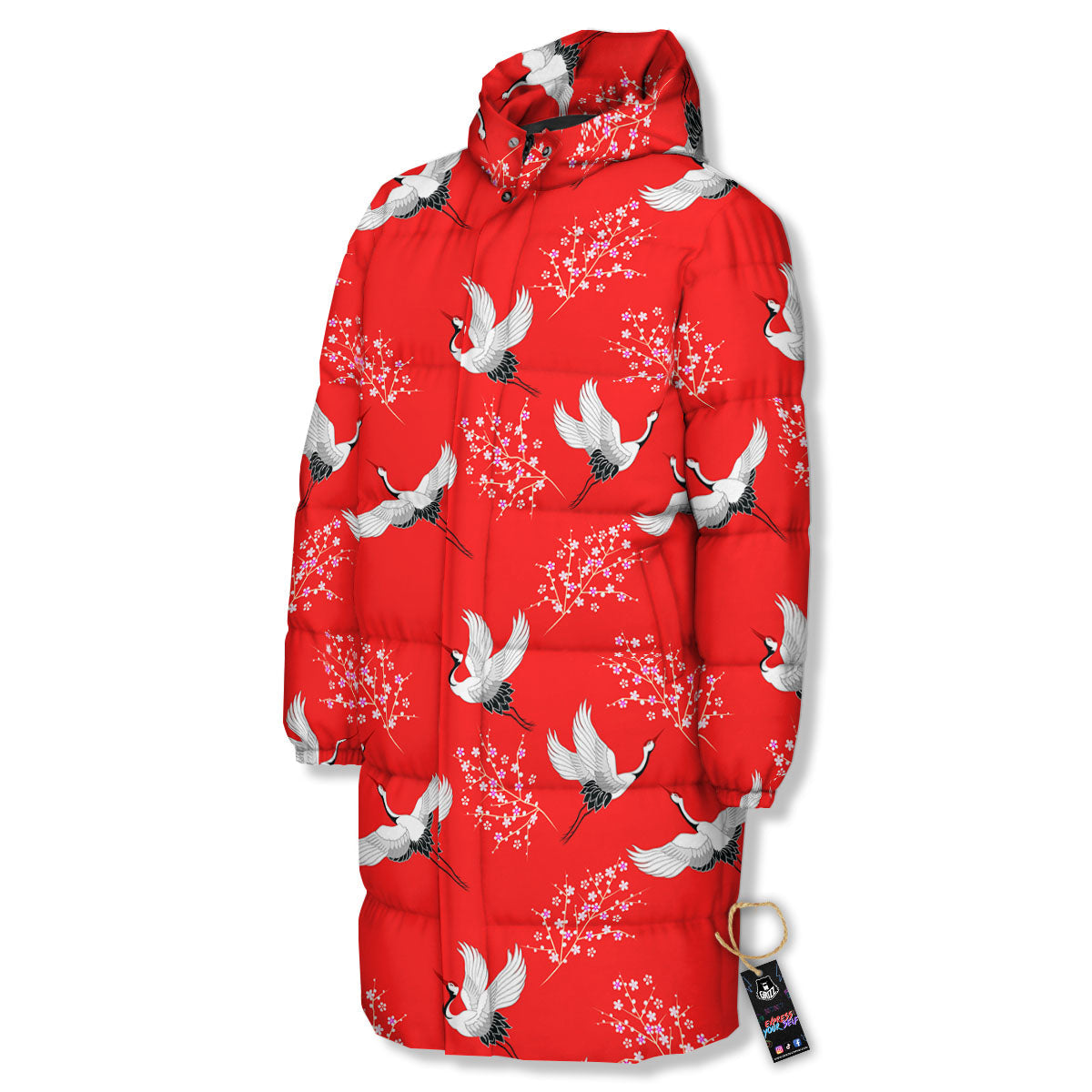 Crane Bird Japanese Print Pattern Long Down Jacket-grizzshop