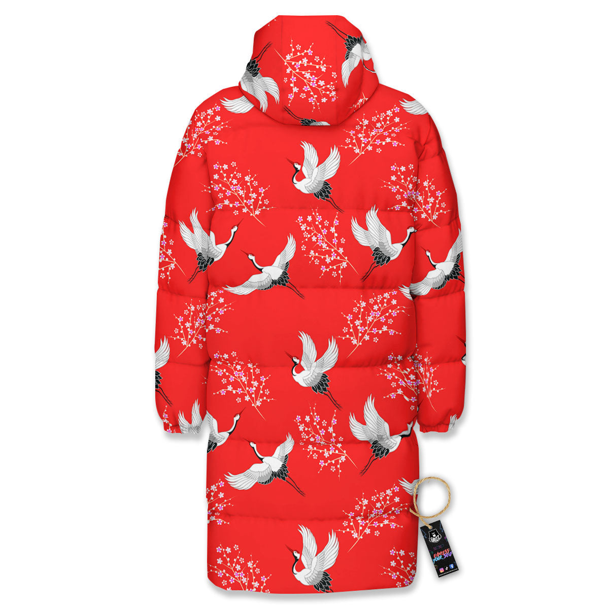 Crane Bird Japanese Print Pattern Long Down Jacket-grizzshop