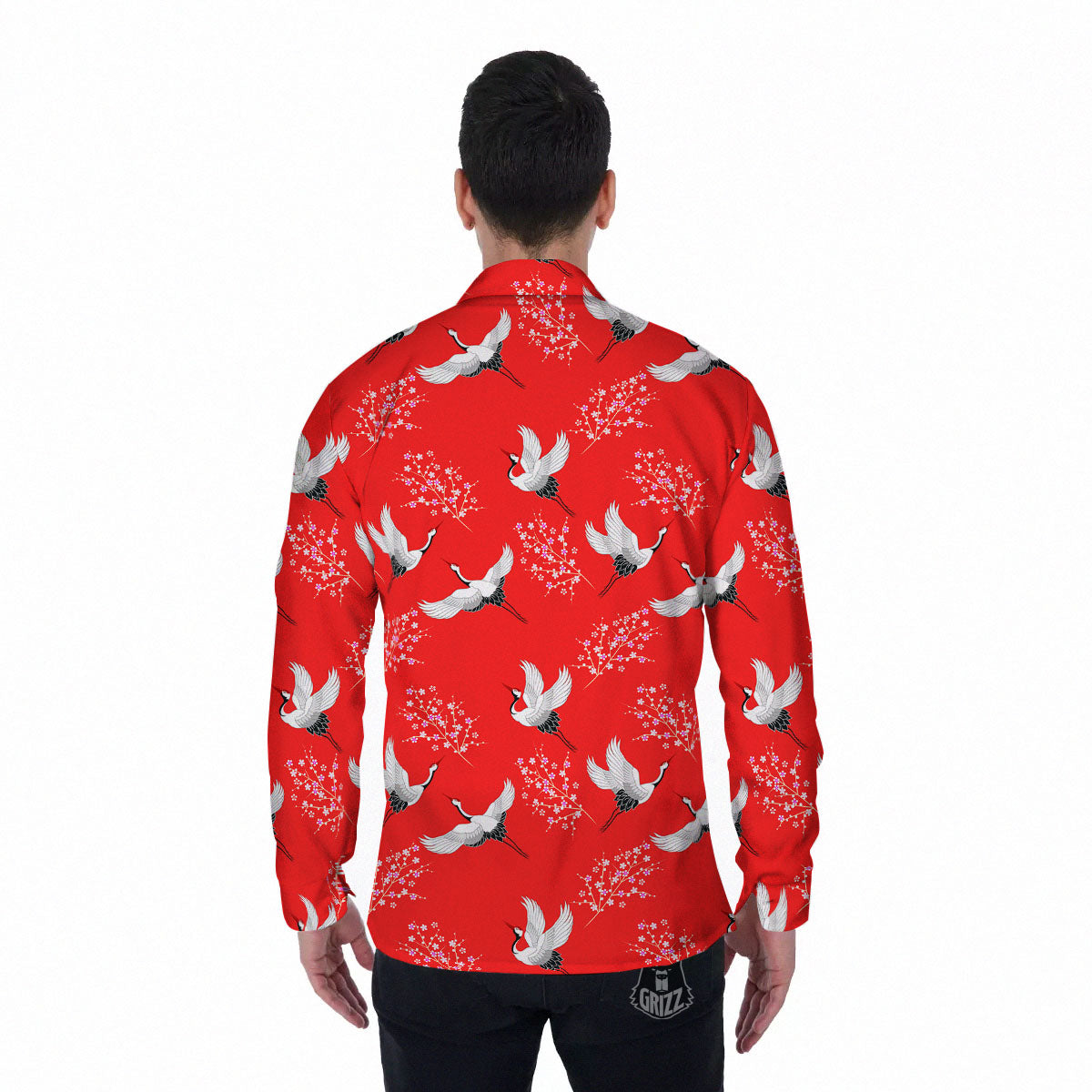 Crane Bird Japanese Print Pattern Men's Long Sleeve Shirts-grizzshop