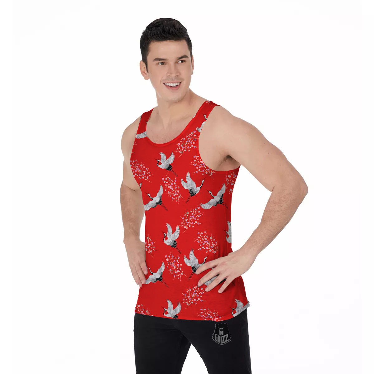 Crane Bird Japanese Print Pattern Men's Tank Top-grizzshop