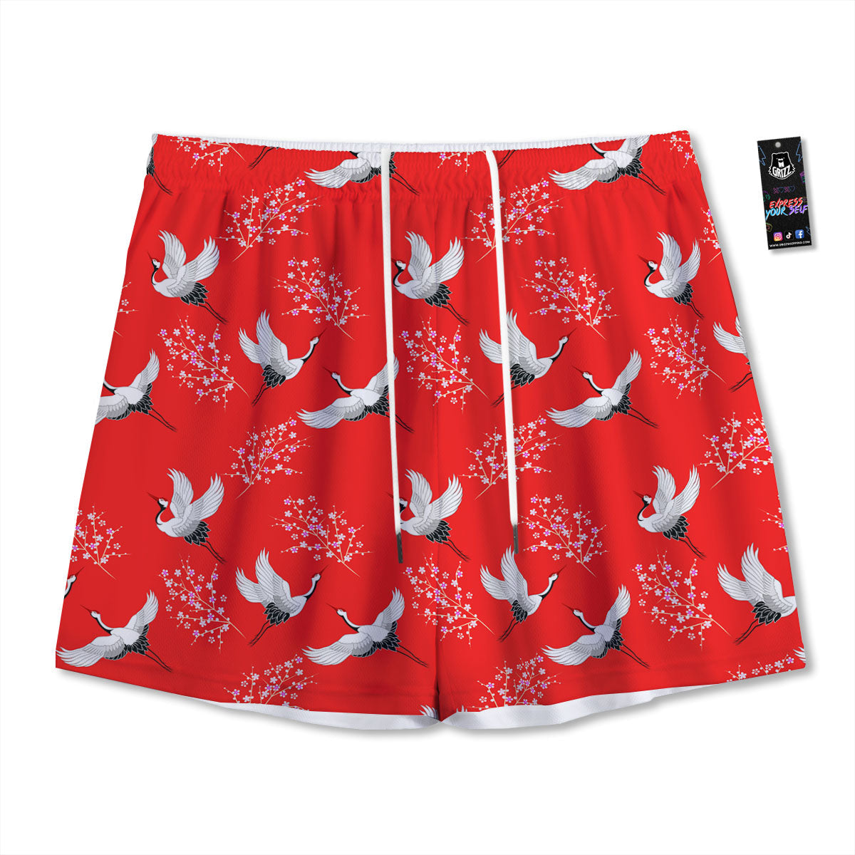 Crane Bird Japanese Print Pattern Mesh Shorts