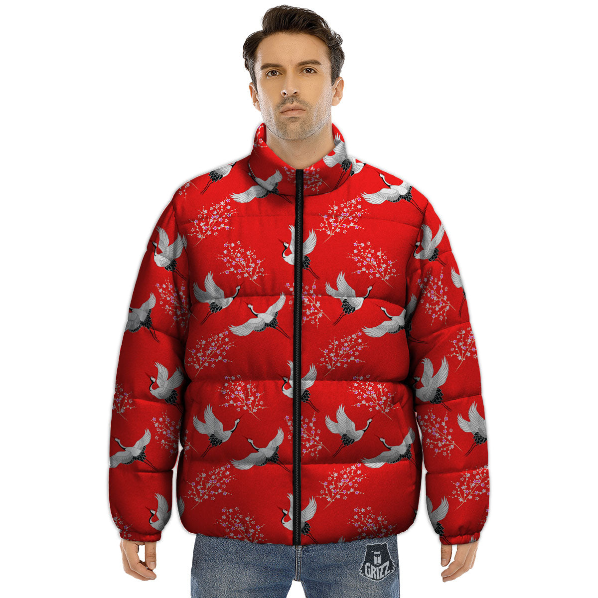 Crane Bird Japanese Print Pattern Puffer Jacket-grizzshop