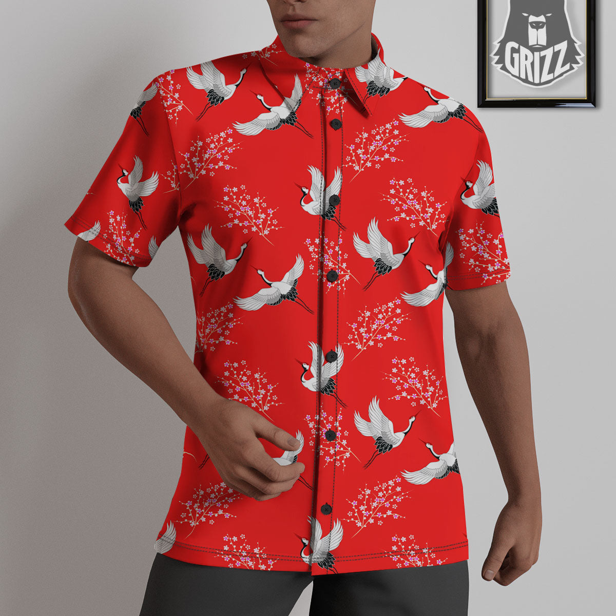 Crane Bird Japanese Print Pattern Untucked Shirts-grizzshop