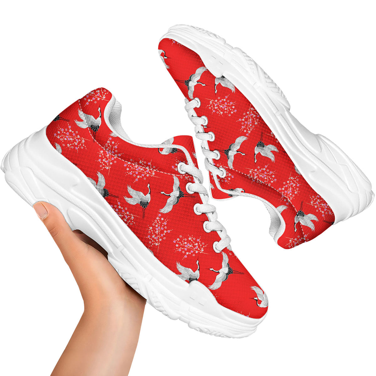 Crane Bird Japanese Print Pattern White Chunky Shoes-grizzshop