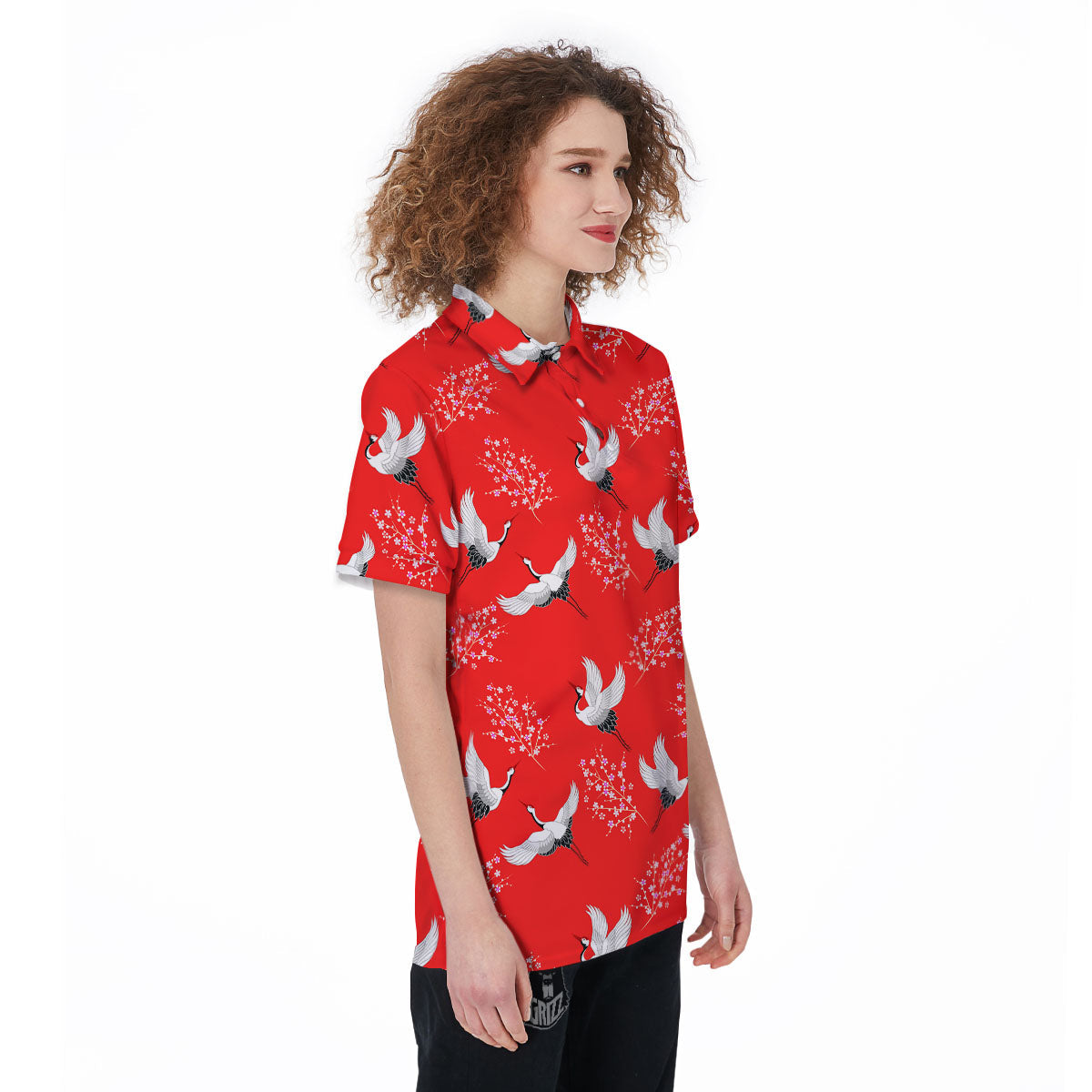 Crane Bird Japanese Print Pattern Women's Golf Shirts-grizzshop
