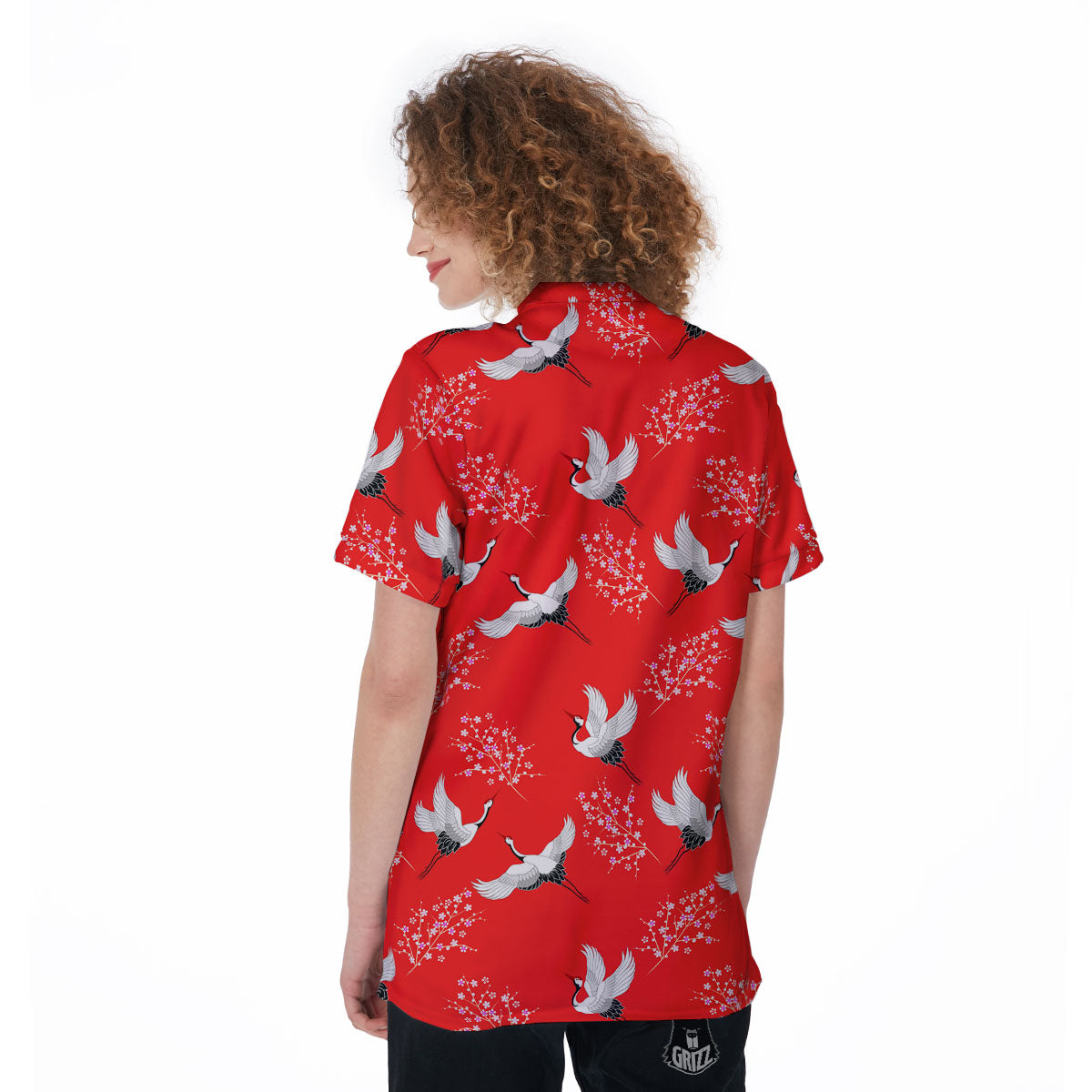 Crane Bird Japanese Print Pattern Women's Golf Shirts-grizzshop
