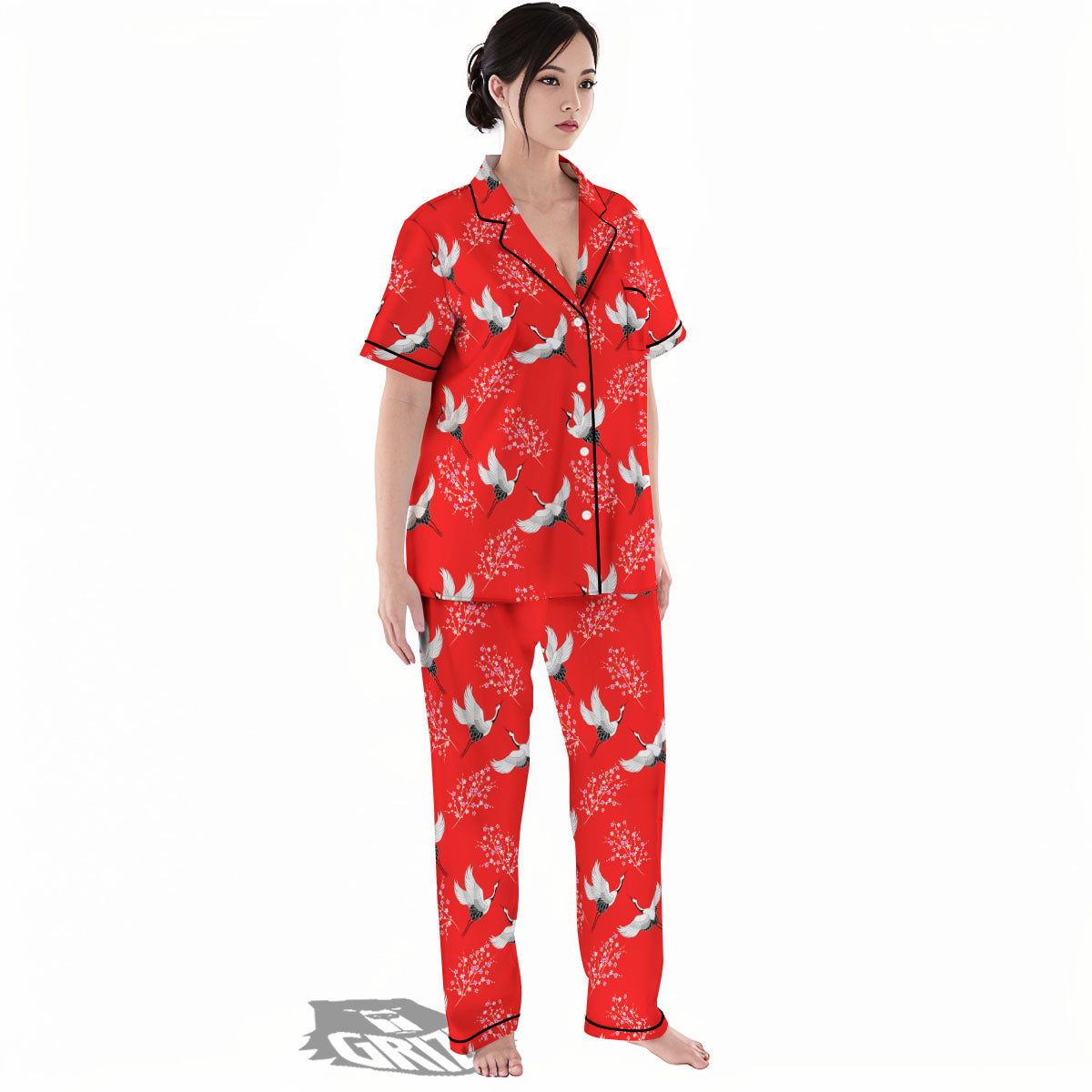 Crane Bird Japanese Print Pattern Women's Pajamas Set-grizzshop