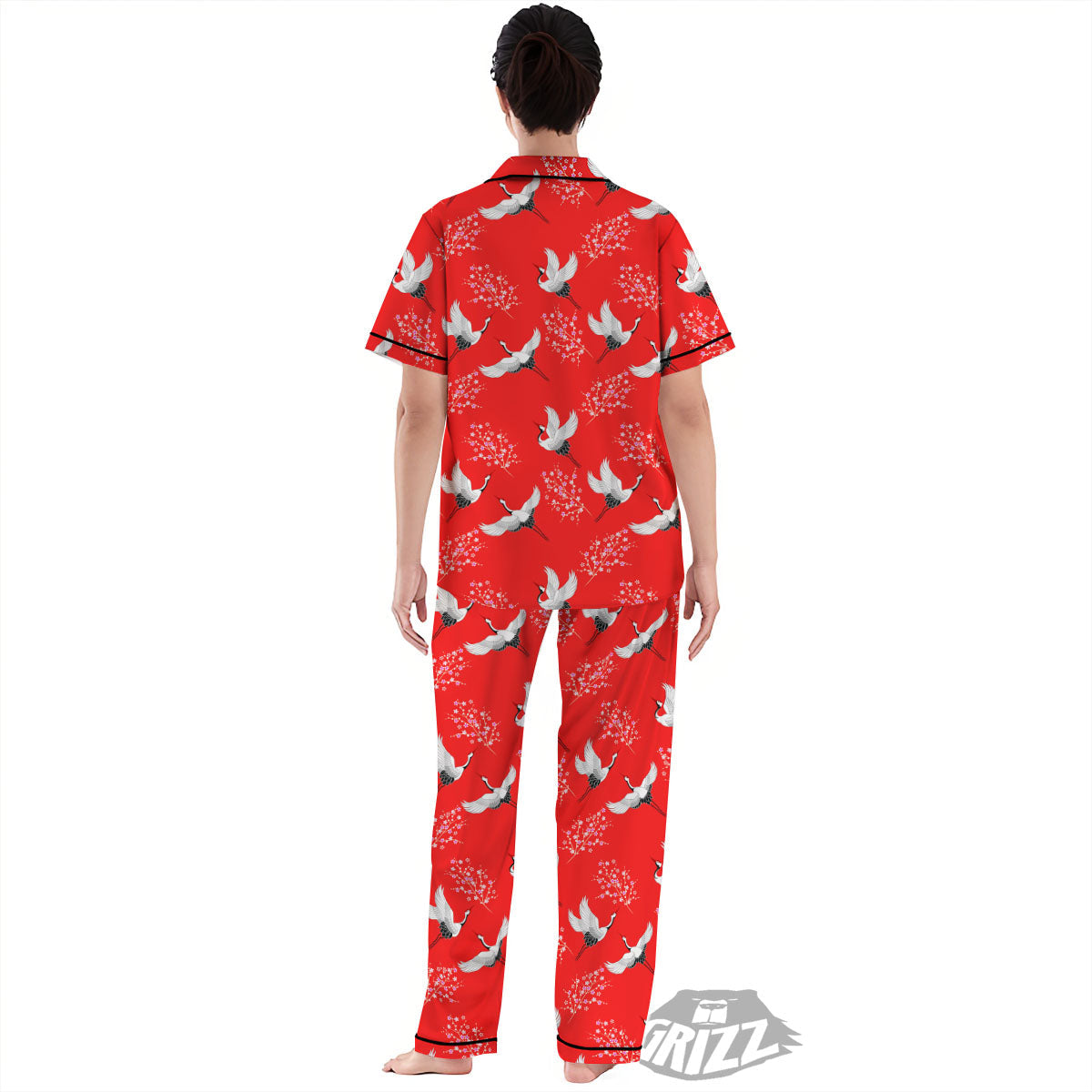 Crane Bird Japanese Print Pattern Women's Pajamas Set-grizzshop