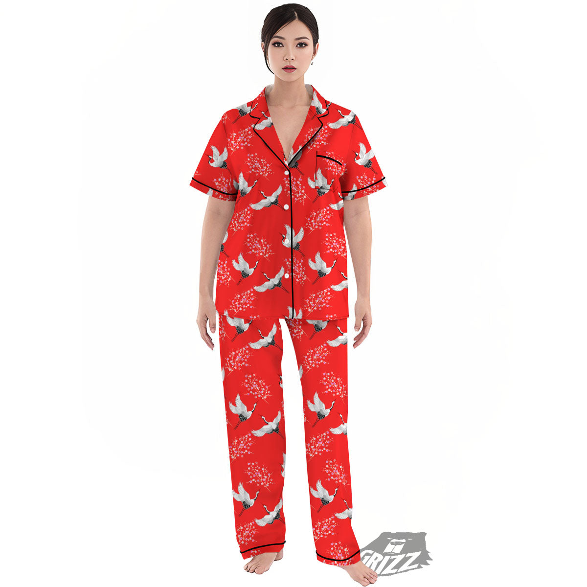 Crane Bird Japanese Print Pattern Women's Pajamas Set-grizzshop